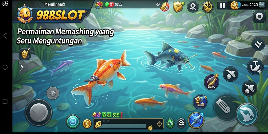 Tampilan gameplay 988SLOT yang menampilkan aktivitas memancing yang seru.