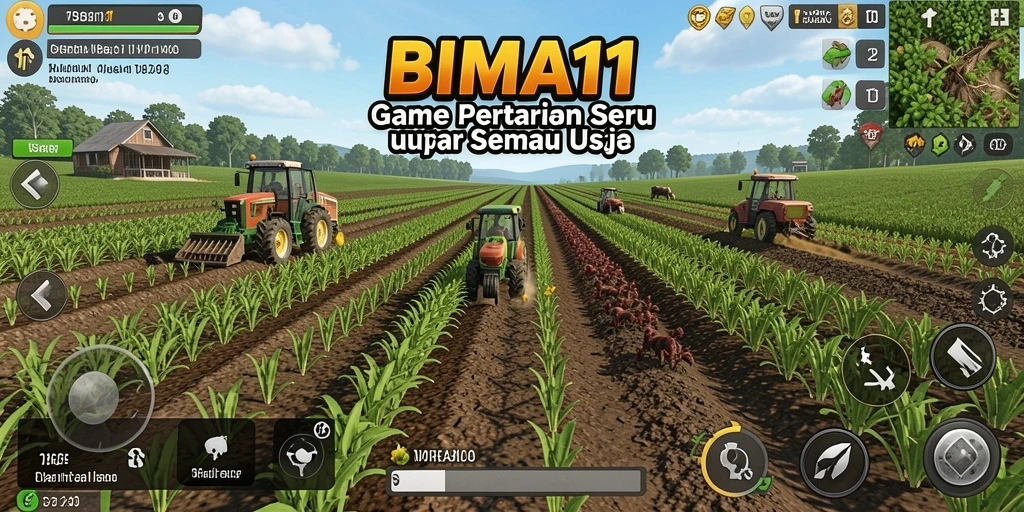 Tampilan gameplay BIMA11 dengan aktivitas pertanian yang menarik.